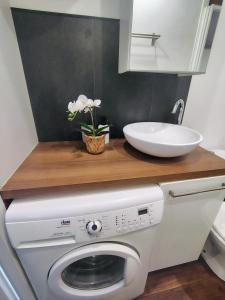 a bathroom with a sink and a washing machine at escapade à Wimereux in Wimereux +13 photos