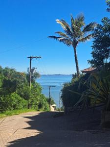 a road with a palm tree and the ocean at Sobradinho Morro dos Ventos in Palhoça