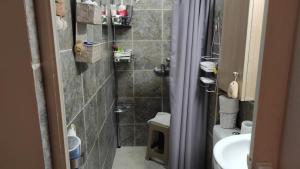 a bathroom with a shower and a toilet and a sink at Studio Giannis, a breath away from Athens! in Neméa +63 photos
