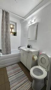 a white bathroom with a toilet and a sink at Sylvia Residence in Lupeni