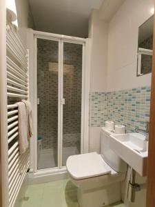 a bathroom with a toilet and a sink and a shower at Piso Rualte in Ávila