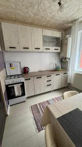 a kitchen with white cabinets and a stove at Sylvia Residence in Lupeni