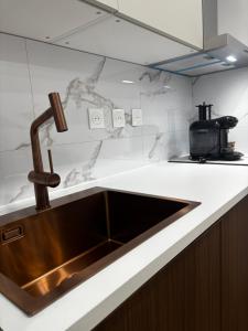 a kitchen with a copper sink in a counter at Appart'Hôtel 23 Le Cocon Creusois Studio in Guéret