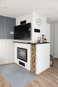 a living room with a fireplace and a tv at Ferienwohnung Gartenglück im Mölltal in Semslach +5 photos