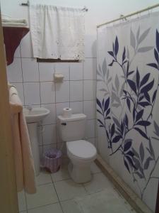 a bathroom with a toilet and a shower curtain at Reach For The Islands in Corn Islands +23 photos