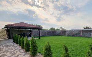 a backyard with a stone wall and a green lawn at Parnica Home 4 in Dudeştii Noi