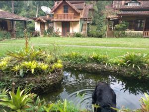 a garden with a pond in front of a house at Pousada Céu aberto in Núcleo Mauá