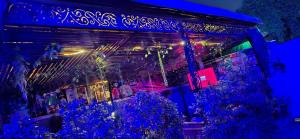a building with christmas trees and blue lights at Binyuma Suites Motel in Kampala