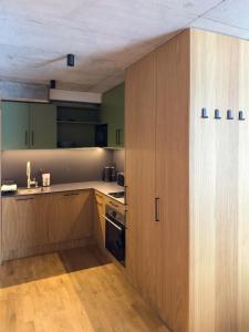 a kitchen with wooden cabinets and a sink at Apartmán Ore&Moor in Boží Dar +7 photos