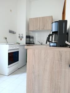 eine Küche mit einer Arbeitsplatte und einer Mikrowelle in der Unterkunft MonAppart in Gera