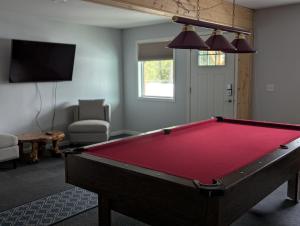 a living room with a pool table in a room at Twin Peaks Hotel Cabins in Valemount
