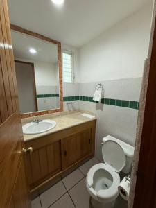 a bathroom with a toilet and a sink and a mirror at Ideal beach getaway in Nenúfares 2-101 in Nuevo Vallarta +15 photos