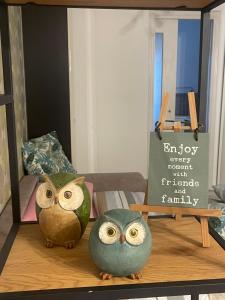 two owls sitting on top of a table with a sign at Il rifugio di Pongo in Ivrea