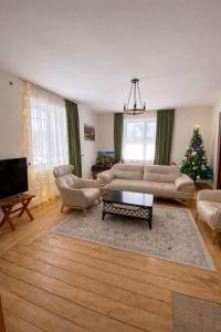 a living room with a couch and a christmas tree at Gudauri Deka House, Balcony & Mountain Views in Gudauri