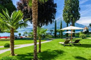 a grassy area with trees and lawn chairs at Parkhotel Gunten – Beach & Spa in Gunten