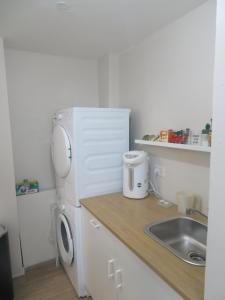 a small kitchen with a sink and a washing machine at Gold House in Beit Shemesh +7 photos
