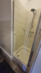 a bathroom with a shower with a bath tub at Inselglück in Malchow