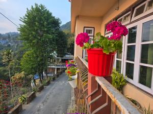 a balcony with flowers in a red pot on a building at Bethany Homestay in Kalimpong