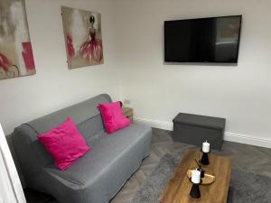 a living room with a gray couch and pink pillows at Flat in Pont y Rhyl in Pont y Cymmer