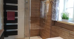 a bathroom with a shower with a glass door at Alpenchalet-Chiemgau in Marquartstein +20 photos