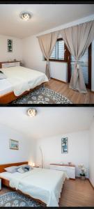 two pictures of a bedroom with two beds at House Calmaria in Novigrad Dalmatia