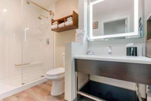 a bathroom with a sink and a toilet and a shower at Antioch Inn and Suites in Antioch +18 photos