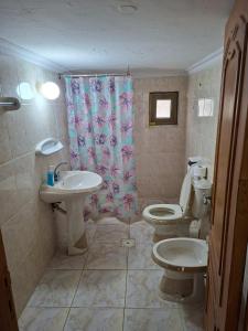 a bathroom with a sink and a toilet and a shower at Mountain Pad Overlooking Jerash - HQ Budget stay in Jerash +7 photos