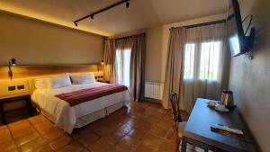 a bedroom with a bed and a desk and a television at Viñas De Cafayate Wine Resort in Cafayate