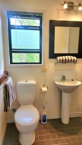 a bathroom with a toilet and a sink and a window at The Denman Lodge in Brisbane