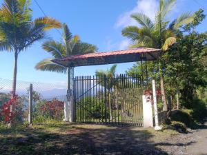 an open gate with palm trees and a fence at Mi Cabaña in Nimaima +4 photos