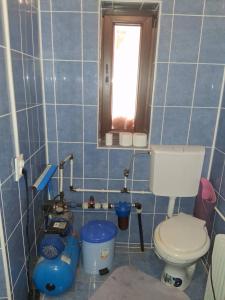 a blue tiled bathroom with a toilet and a window at Colț de Rai in Gara Bucureşti Progresu