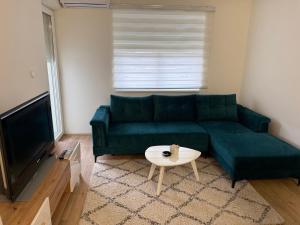 a living room with a green couch and a tv at Apartman Odmor012-2 in Požarevac