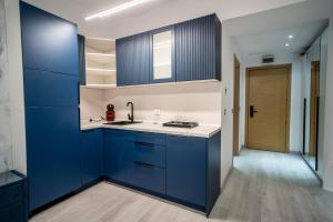 a kitchen with blue cabinets and a sink at LaRin Residence in Bucharest