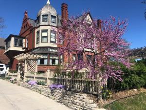 a house with a fence and a tree with purple flowers at Schuster Mansion Bed & Breakfast in Milwaukee
