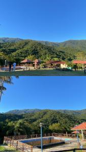 two views of a resort with mountains in the background at Chalé aconchegante em Resende in Resende