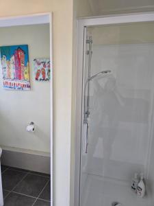 a shower with a glass door in a bathroom at Island View in Tauranga +6 photos