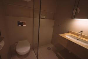 a bathroom with a toilet and a shower and a sink at Pharaohs Land Hotel in Cairo