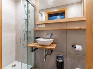 a bathroom with a sink and a shower at Alpinn Wellness 2 in Sankt Margarethen im Lungau +36 photos