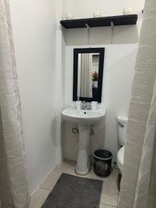 a bathroom with a sink and a toilet and a mirror at Villa Nola Tres in Port-of-Spain