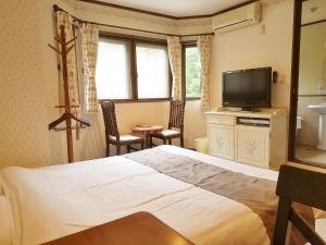 a bedroom with a bed and a flat screen tv at Lumiere in Fujikawaguchiko