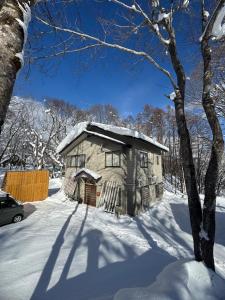 a wooden house in the snow with a tree at 2 Peaks Snow Lodge in Hakuba