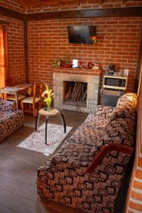 a living room with a fireplace and a tv at Cabañas villa de San Miguel in Huasca de Ocampo