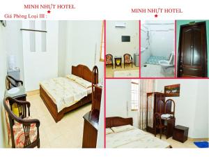 a collage of three pictures of a bedroom at Khách Sạn Minh Nhựt in Rạch Giá
