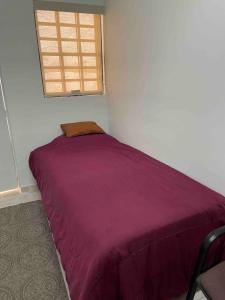a purple bed in a room with a window at Loft 1 with 2 beds near Fundidora and Cintermex in Monterrey