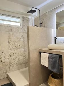a bathroom with a shower and a sink and a mirror at Le Ravintsara in Saint-André +9 photos
