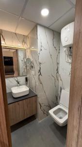 a bathroom with a sink and a toilet at Cozy haven in Greater Noida