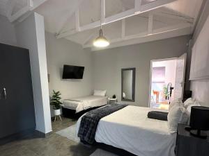 a hotel room with two beds and a television at Fern Rivers Self-Catering Accommodation in Pietermaritzburg