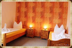 Zimmer mit 2 Betten und 2 Nachttischen mit Lampen in der Unterkunft Hotel Pränzkow in Zwickau