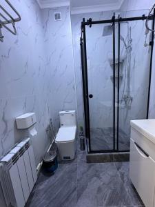a bathroom with a toilet and a glass shower at TOI AT-BASHY HOTEl in At-Bashy +11 photos