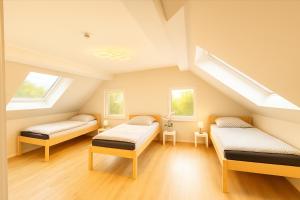 a attic room with two beds and two windows at Ferienwohnung Danny in Marienheide